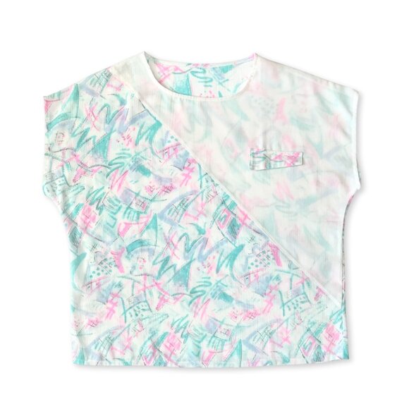 Vintage 80s Short Sleeve Top Jazz Memphis Vaporwave White Teal Pink Whimsical - Picture 1 of 8